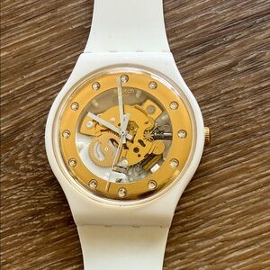 Swatch White and Gold Skeleton Dial Silicone Watch
